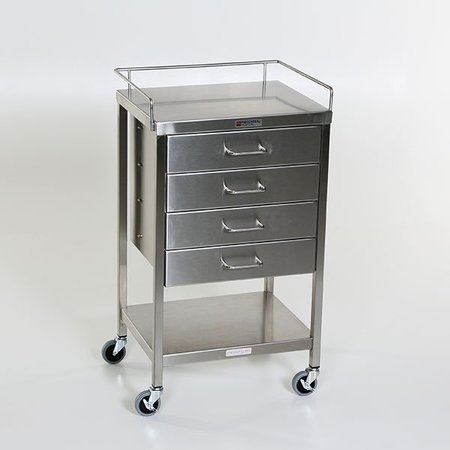 MIDCENTRAL MEDICAL SS Utility Table 16"w x 20"l x 34"H, with 4 Drawers and 3-Sided Guardrail MCM523